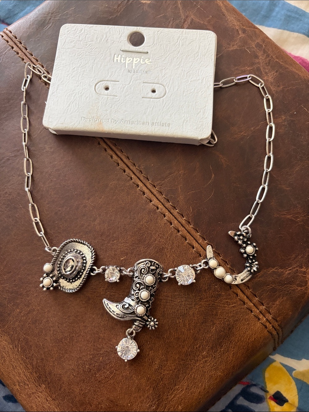 Western Silver-Tone Cowgirl Boot Necklace with Cream Accents